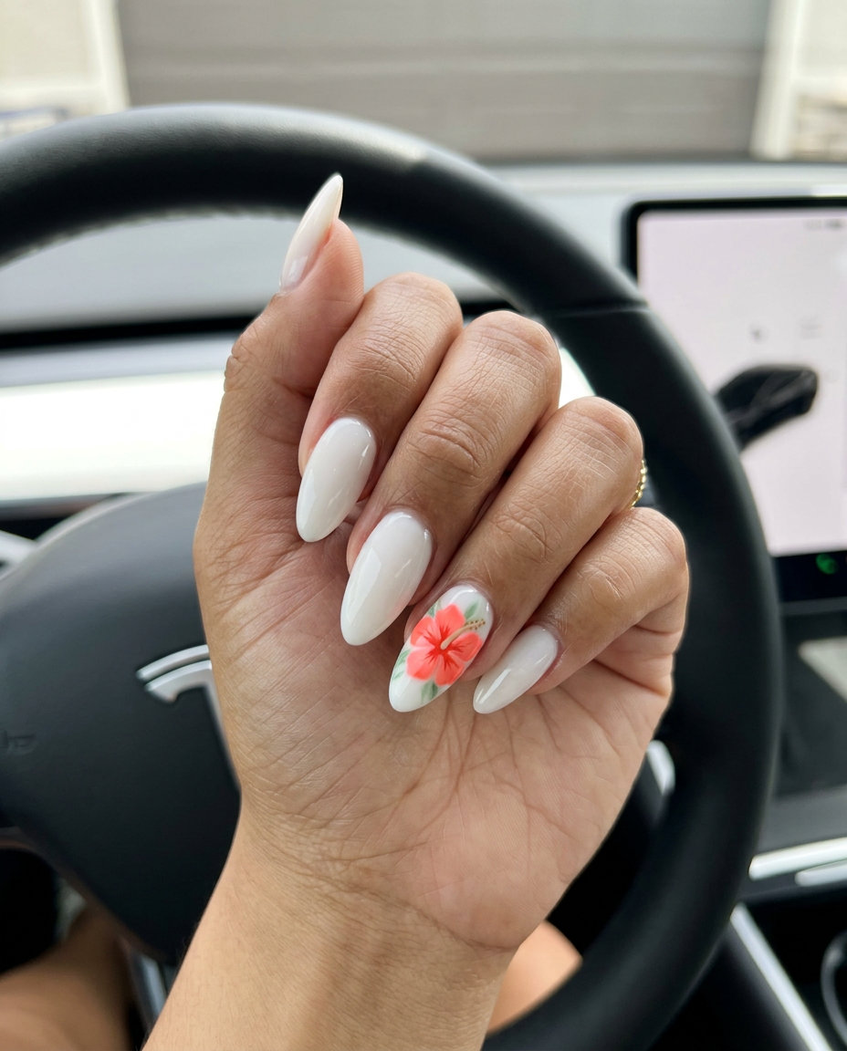 Vivid Coral Hibiscus Accent 2026 Vivid coral hibiscus bloom accent nails, romantic tropical nail designs 2026.