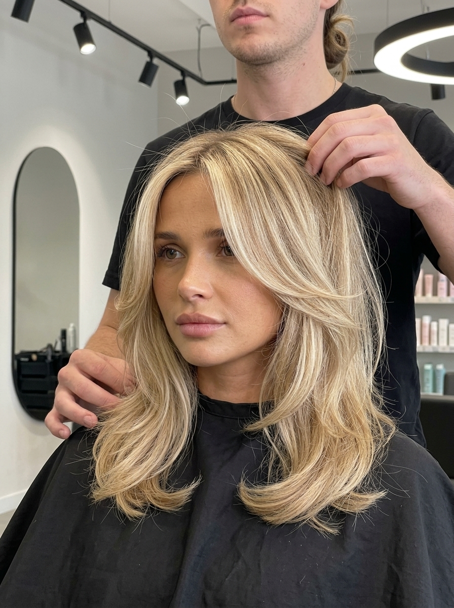 medium haircut in warm vanilla blonde with babylights for summer