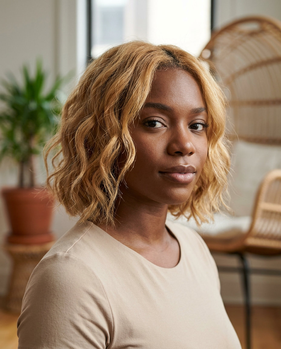 medium natural hair with vanilla blonde and custard highlights in heatless beach waves for summer