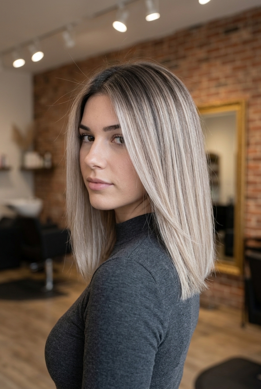 shoulder-length smoked vanilla lob with charcoal root smudge for chic date night