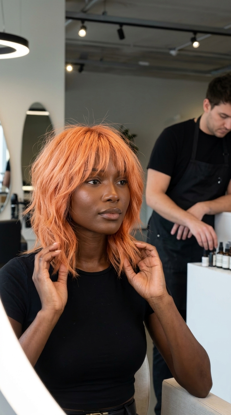 medium apricot lob with peach-copper intensity and choppy layers for artistic playfulness