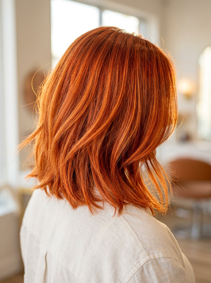 medium-length lob with vibrant apricot auburn color, point-cut layers for playful style