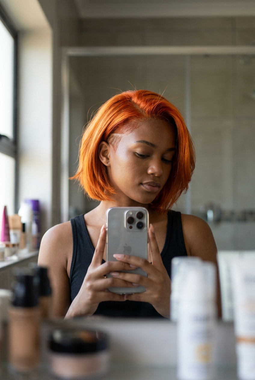 very short undercut pixie in vibrant apricot auburn with shaved design — edgy bold rebellious