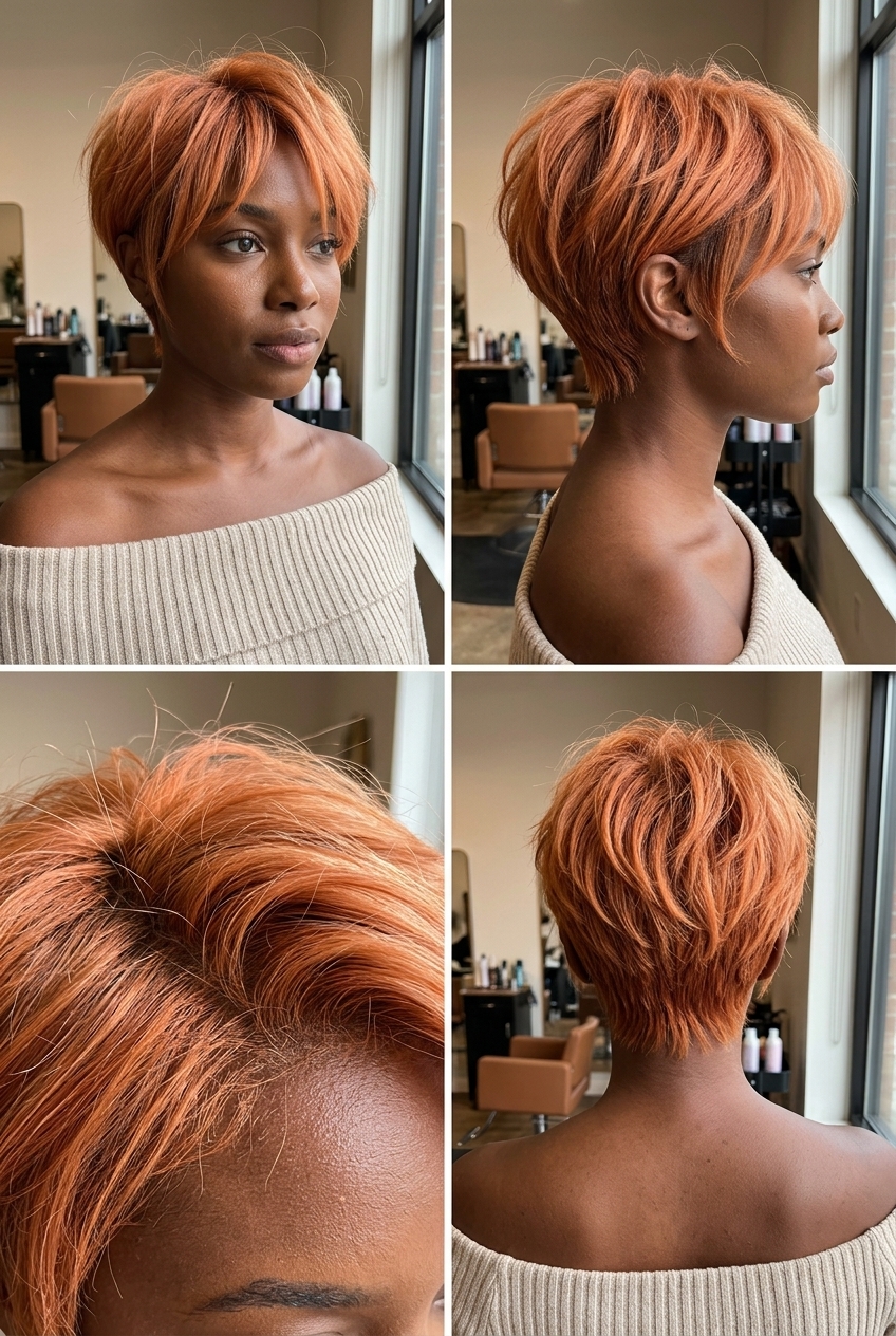 short textured crop haircut in vibrant copper with peach undertones for summer
