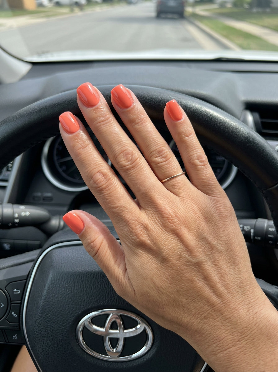 Vibrant Coral Gloss Square summer dip nails 2026: opaque vibrant coral with a high-gloss finish on short square nails.