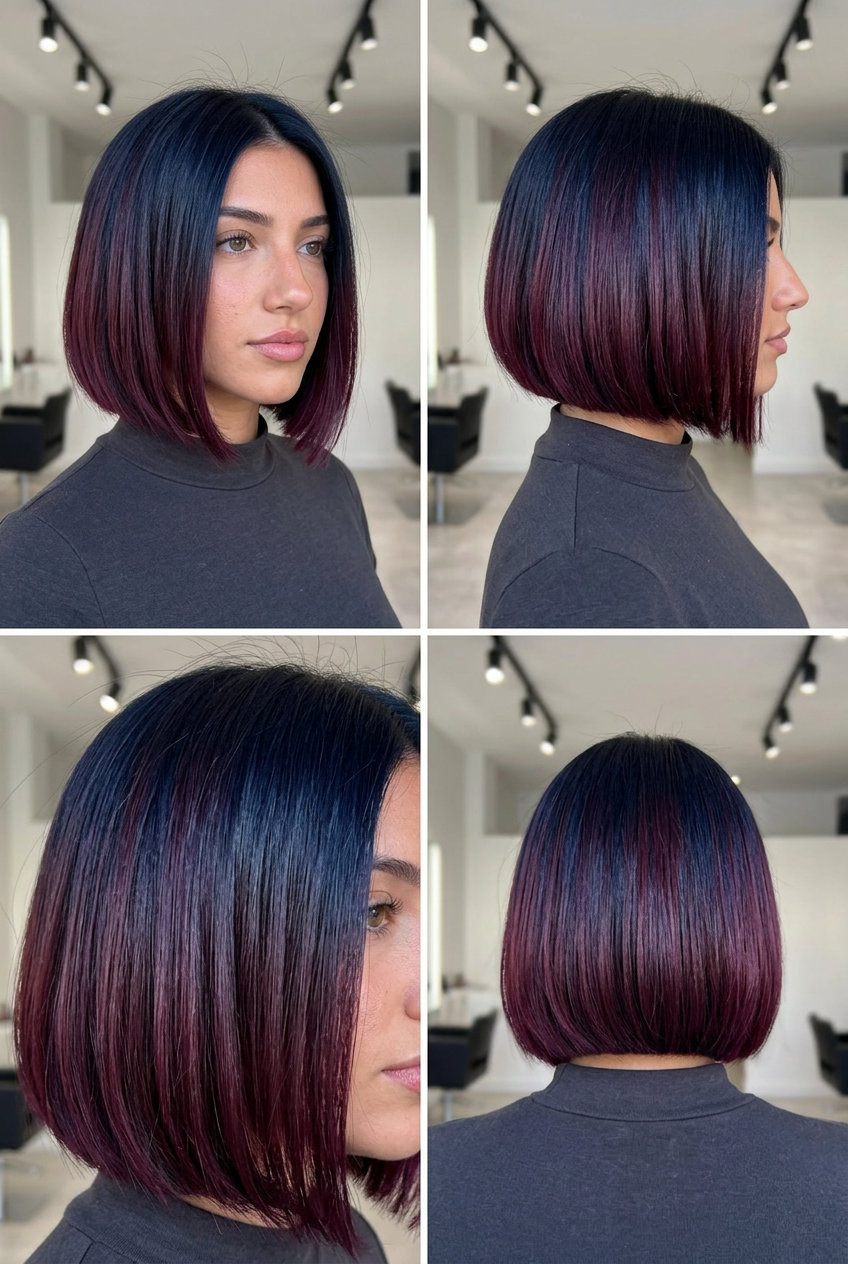 short blunt rich summer ombre hair color 2026 with violet black cherry, bold mood