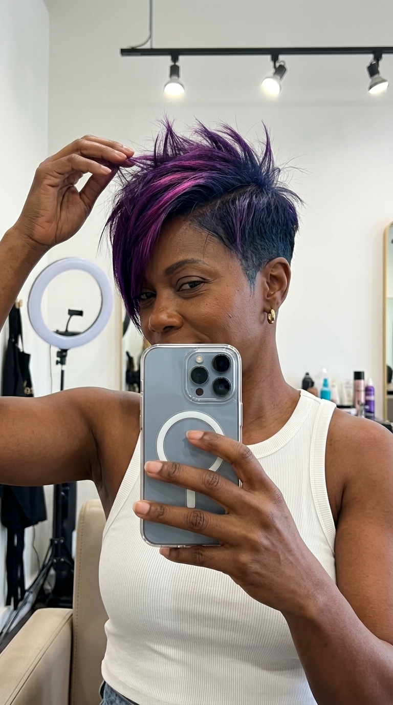 very short pixie haircut in deep violet with cool black base, clipper fade and textured spikes — bold statement
