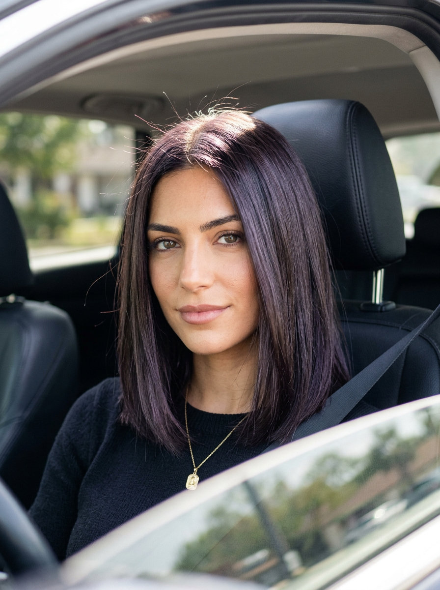 long violet noir espresso hair color with cool violet undertones, clear gloss — sophisticated date night