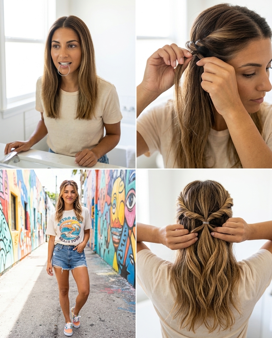 long warm blonde twisted half up half down with sun-kissed highlights, textured twist, wispy bangs — playful, quirky, textured