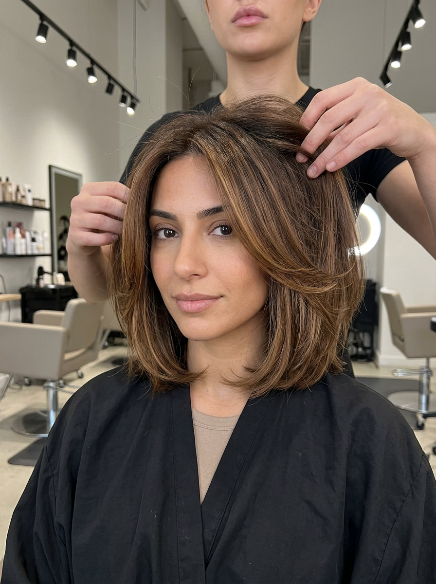 mid-length haircut with warm brunette caramel balayage, internal texture and face-framing for professional settings