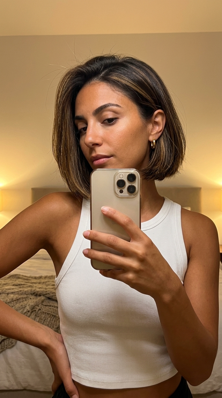 short french bob haircut with warm brunette balayage for soft, natural summer looks