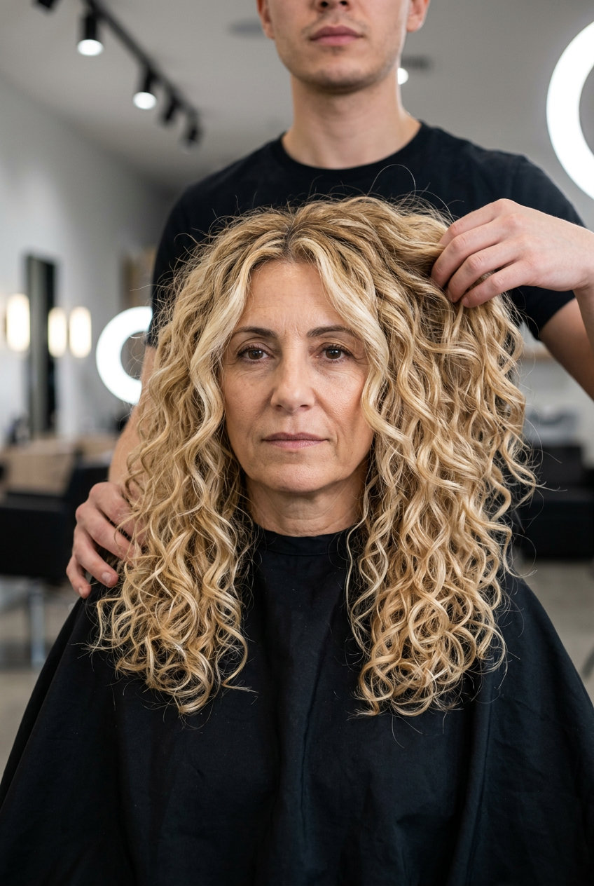 long warm buttercream blonde haircut with honey lowlights, face-framing layers, no fringe — romantic glamorous