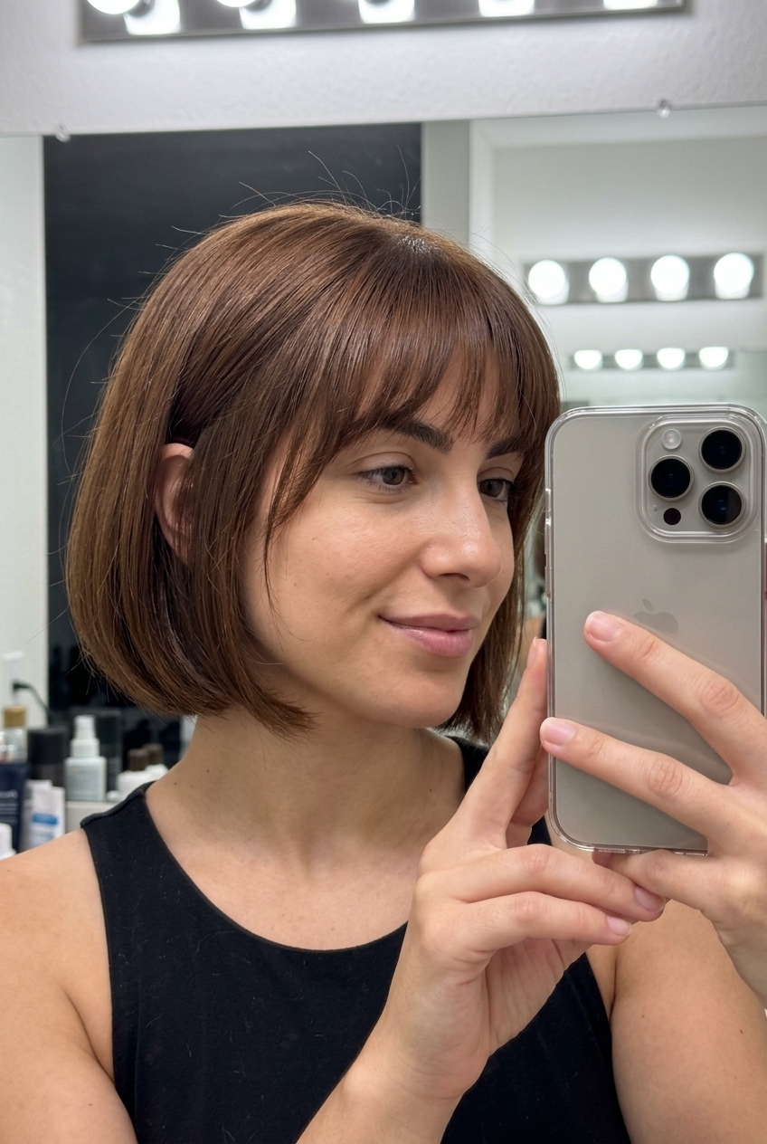 short french bob haircut with warm chestnut brown and a soft fringe for playful chic