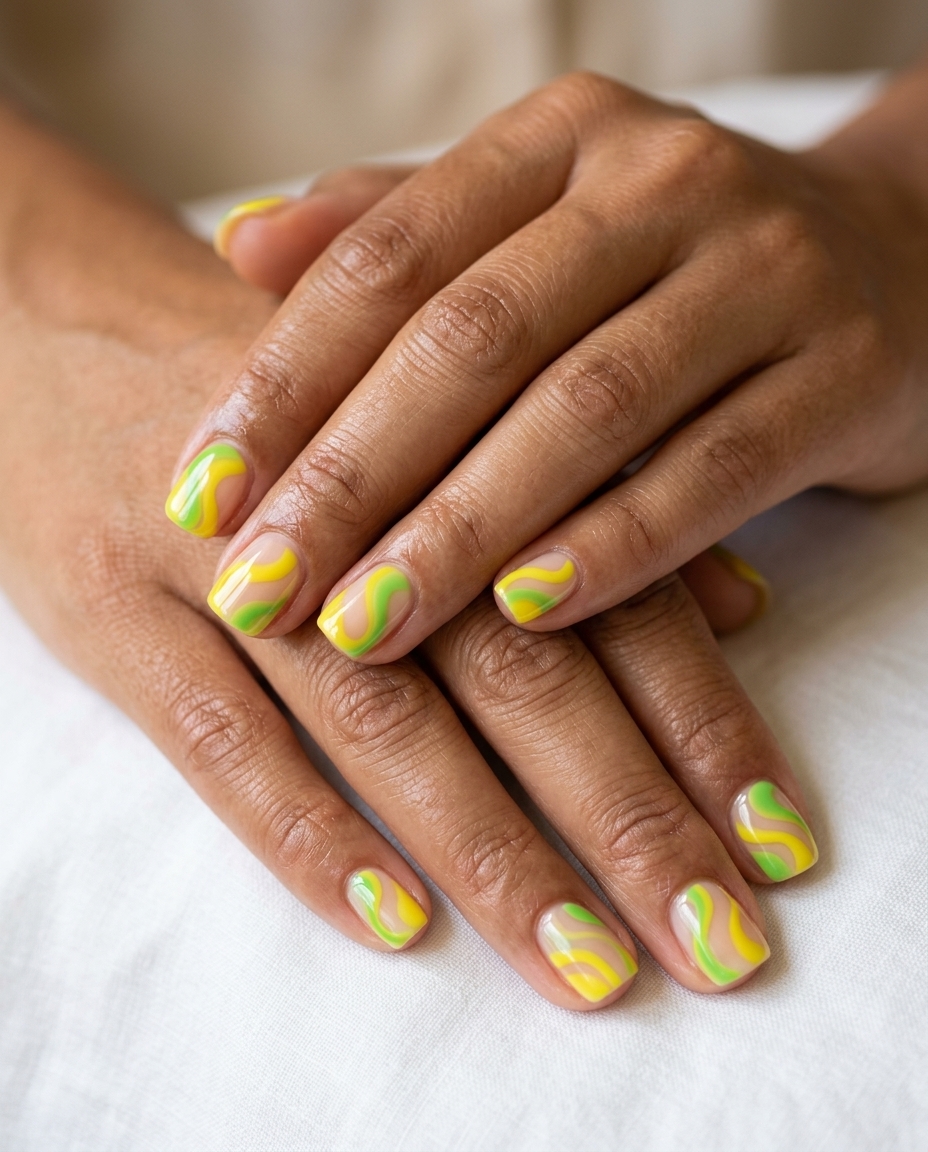 Abstract Citrus Swirls nails for summer vacation, festivals, casual outings. Yellow summer nails 2026.
