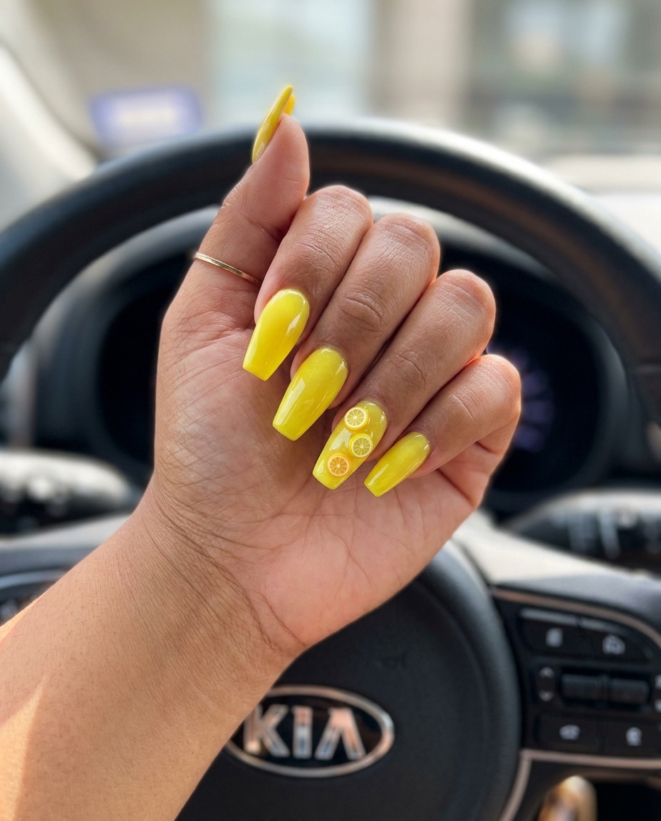Abstract citrus swirls in bright yellow and lime green for casual fun. Yellow summer nails 2026.