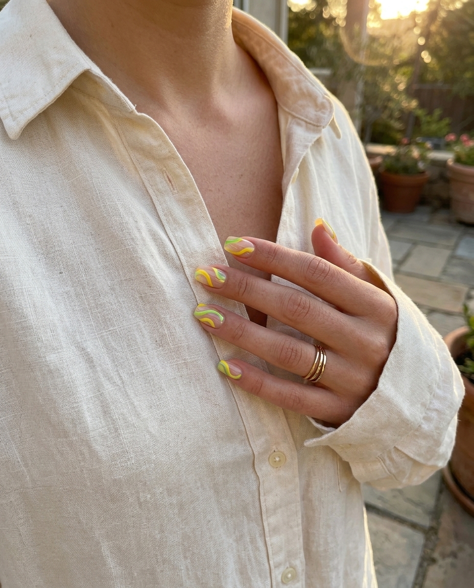 Abstract citrus swirl nails in bright yellow and lime green for summer festivals. Yellow summer nails 2026.