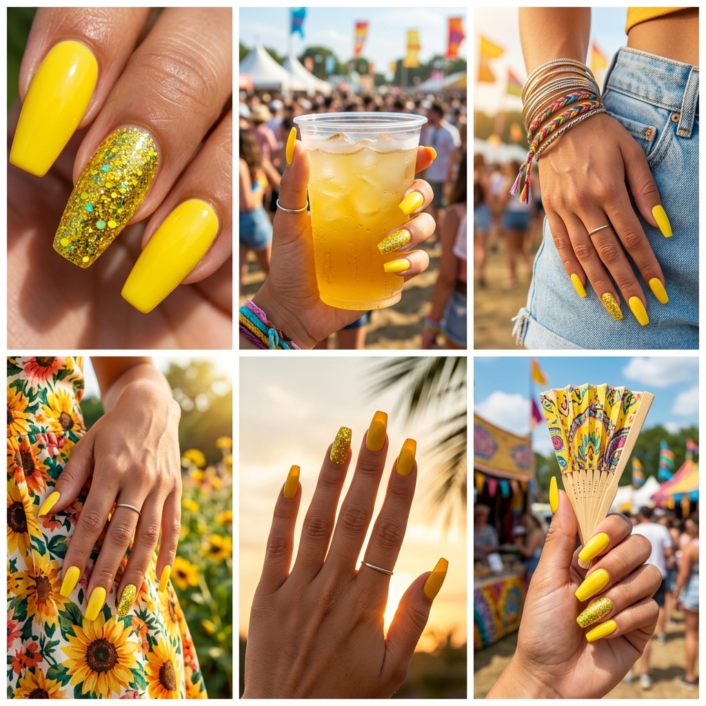 Bright yellow glitter accent nails: glamorous and bold for parties and festivals.