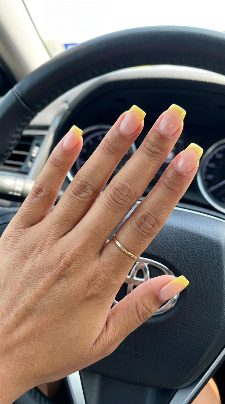 Soft butter yellow French gradient nails for a wedding guest or elegant event. Yellow summer nails 2026.