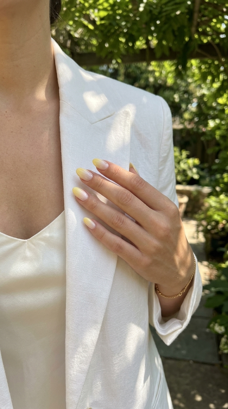 Soft butter yellow French gradient nails with a glossy finish for special events. Yellow summer nails 2026.