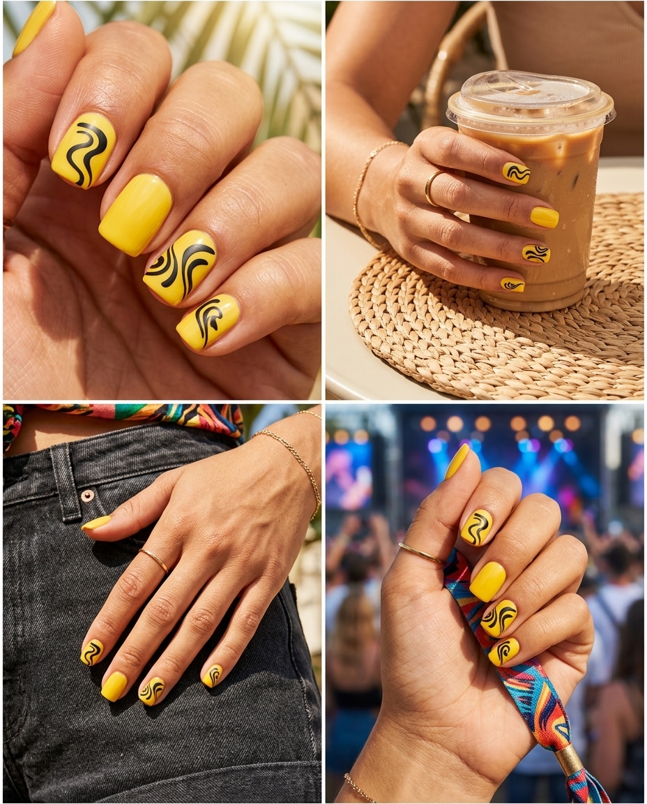 Canary Yellow Graphic Swirls nails for festivals, concerts, edgy street style. Yellow summer nails 2026.
