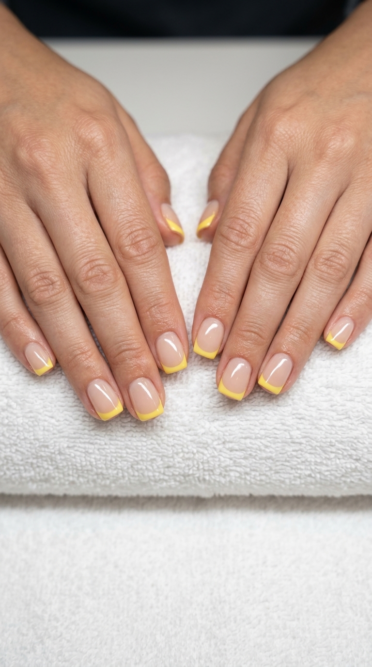 Canary Yellow Reverse French nails for daily wear, work, casual chic. Yellow summer nails 2026.