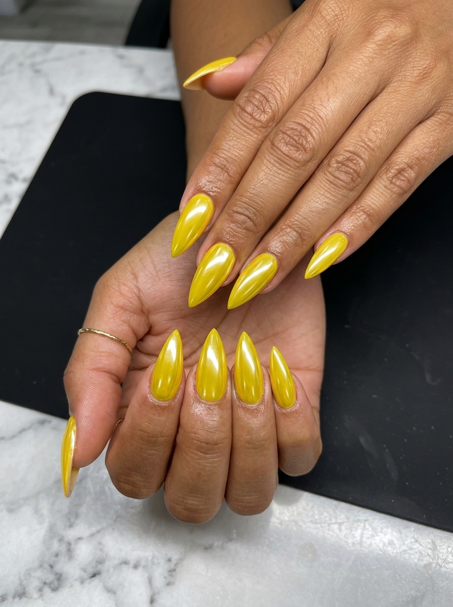 Bold canary yellow chrome stilettos for a party or festival. Yellow summer nails 2026.