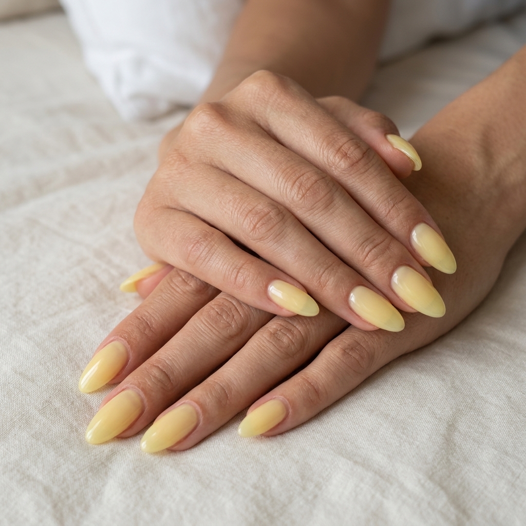 Lemon chiffon jelly almond nails: sheer, buildable yellow for a fresh summer look.