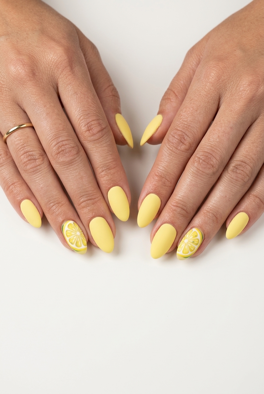 Lemon slice accent nails: matte pastel yellow with cute hand-painted lemon art for summer.