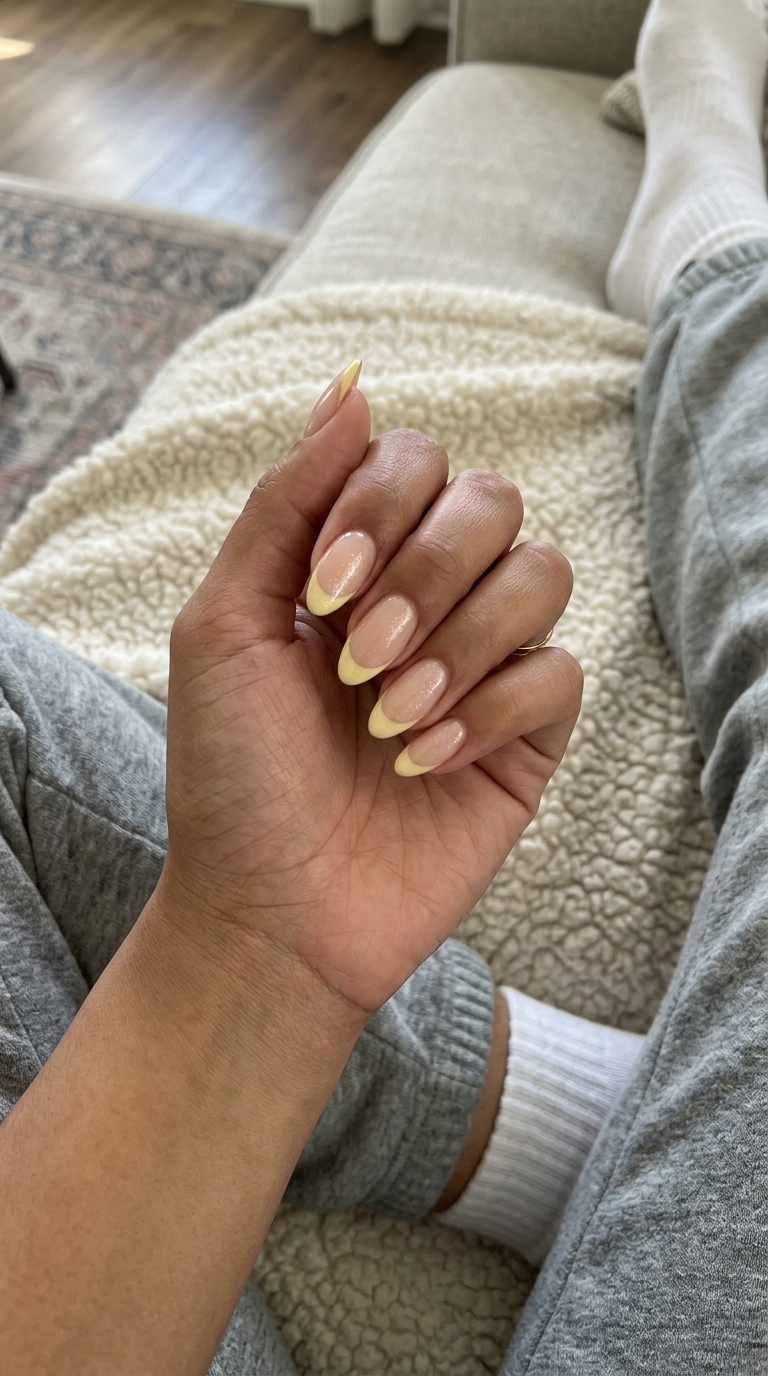 Shimmer butter yellow French tips: elegant and sophisticated nails for any occasion.