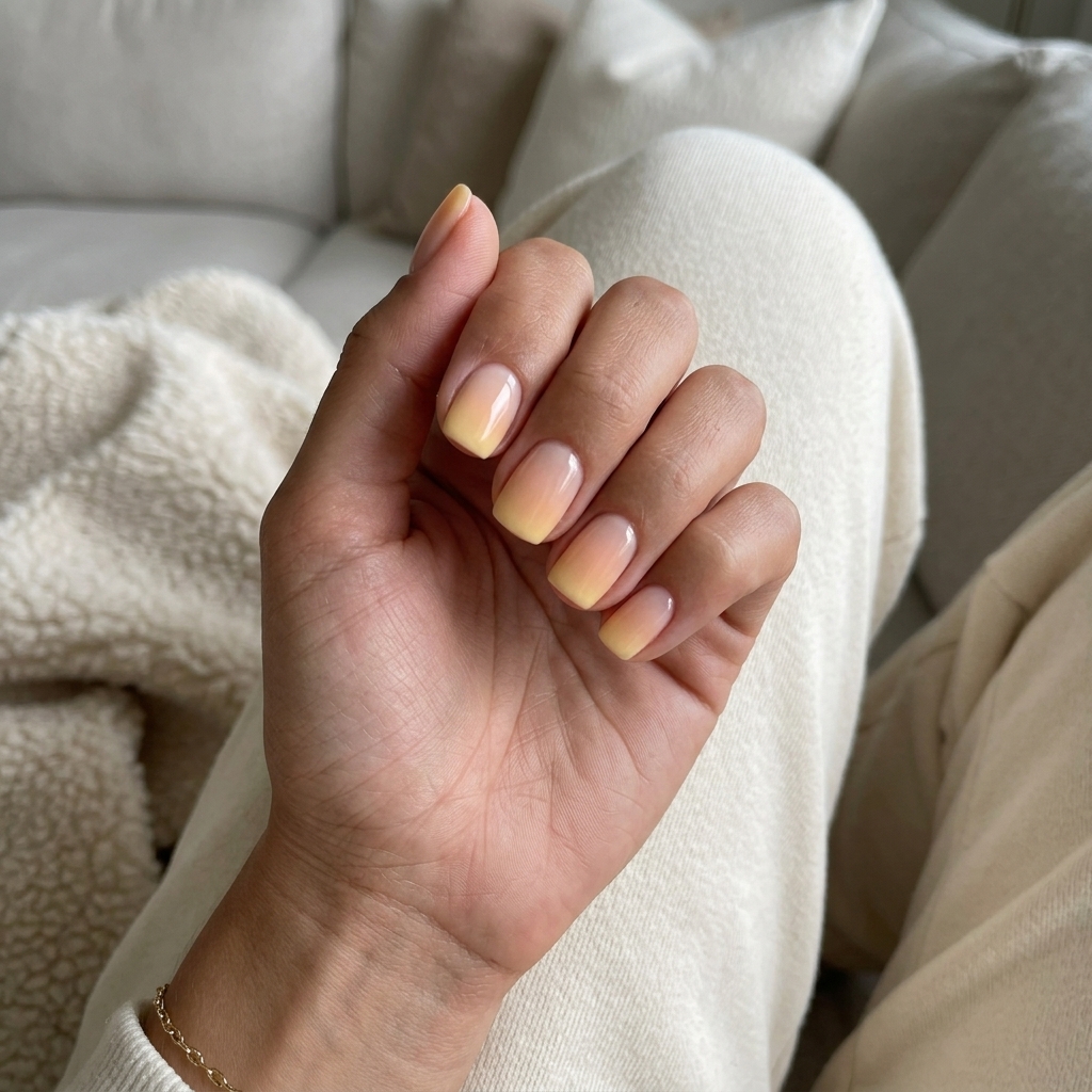 Soft yellow airbrush sunset ombre nails for a romantic summer evening. Yellow summer nails 2026.