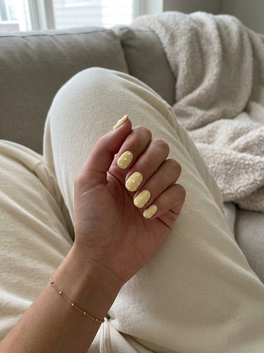 Textured butter yellow polka dots: playful 3D nails for casual summer outings.