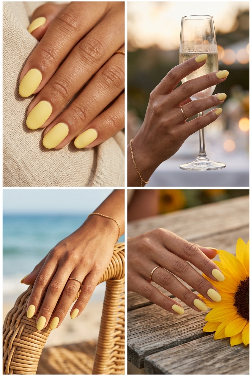 Velvet Lemon Cloud nails for formal events, evening out, chic daily wear. Yellow summer nails 2026.