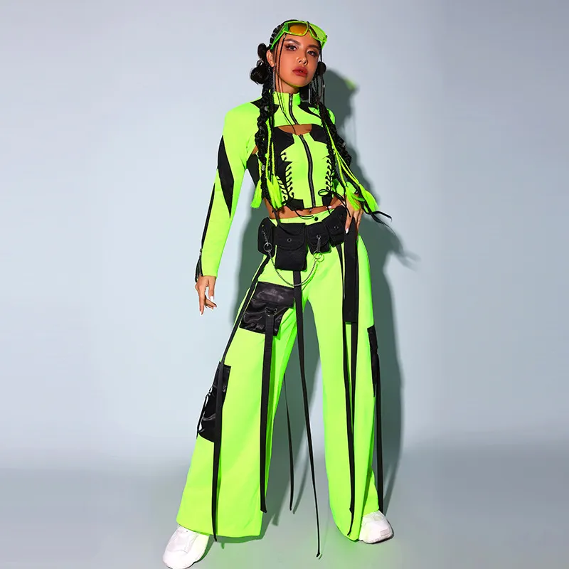Neon Green and Black Hip Hop Tracksuit with Utility Accents Neon Green and Black Hip Hop Tracksuit with Utility Accents — Dance Outfits