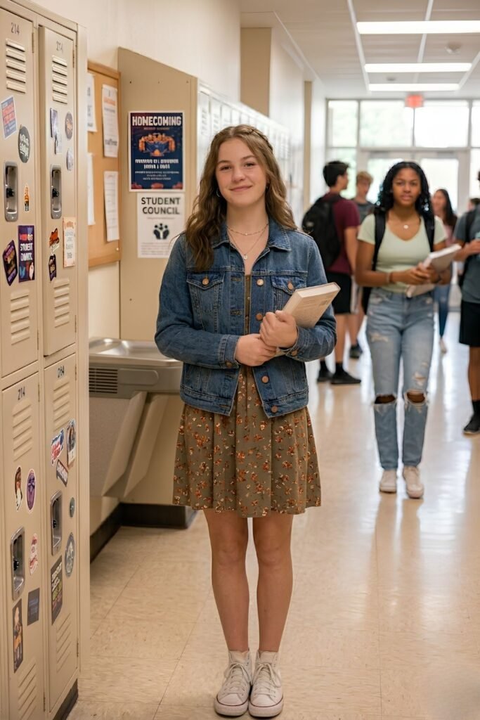 Denim Jacket over Floral Dress with Sneakers — School Outfits