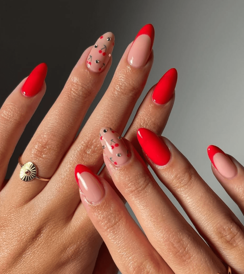 Medium Almonds French Tips And Scattered Cherries Medium Almonds French Tips And Scattered Cherries — Cherry Nails