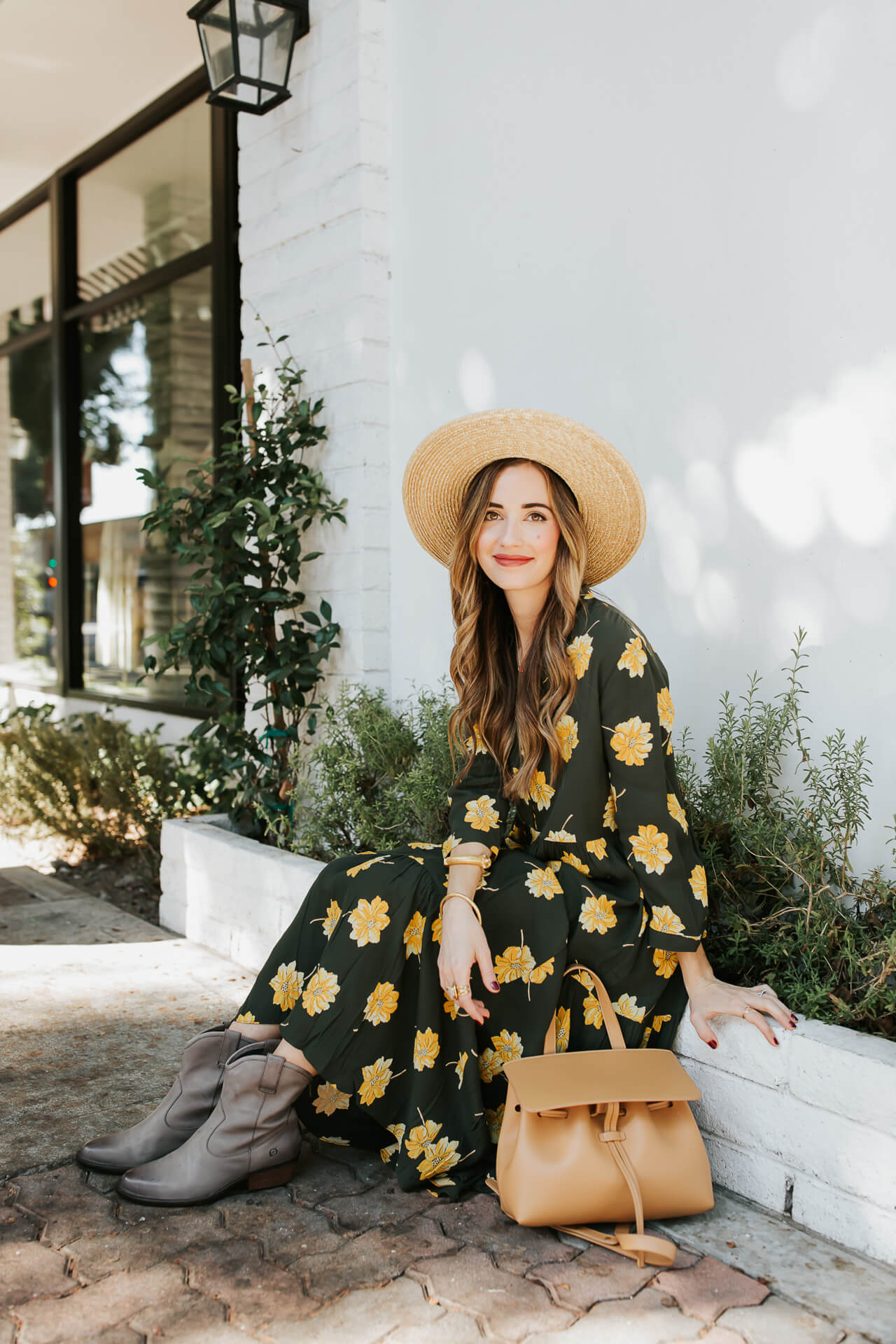 Floral Maxi Dress with Ankle Boots and Straw Hat Floral Maxi Dress with Ankle Boots and Straw Hat — Western Outfits