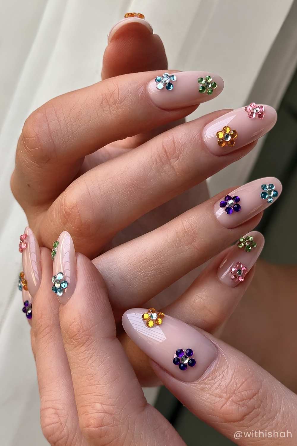 Sheer Nude with Colorful Rhinestone Flowers Sheer Nude with Colorful Rhinestone Flowers — Flower Nails