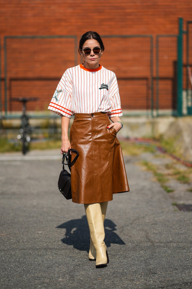 Pinstripe Baseball Jersey with Leather Midi Skirt Pinstripe Baseball Jersey with Leather Midi Skirt — Jersey Outfits