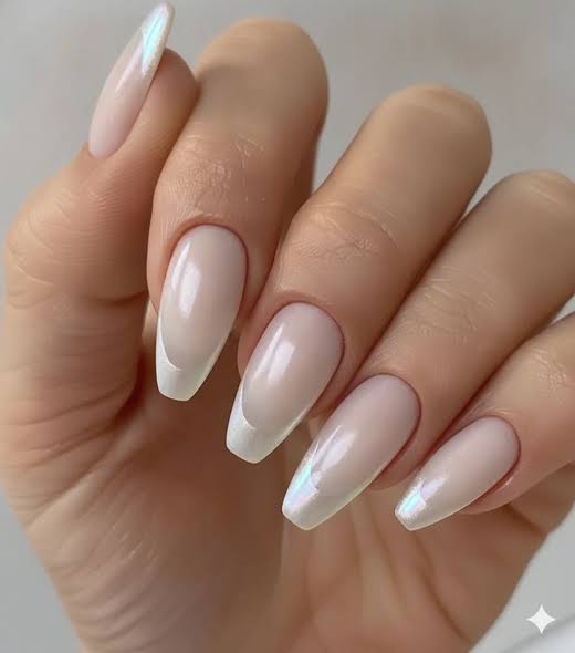Pearlescent Shimmer French Coffin Polygel — Polygel Nails