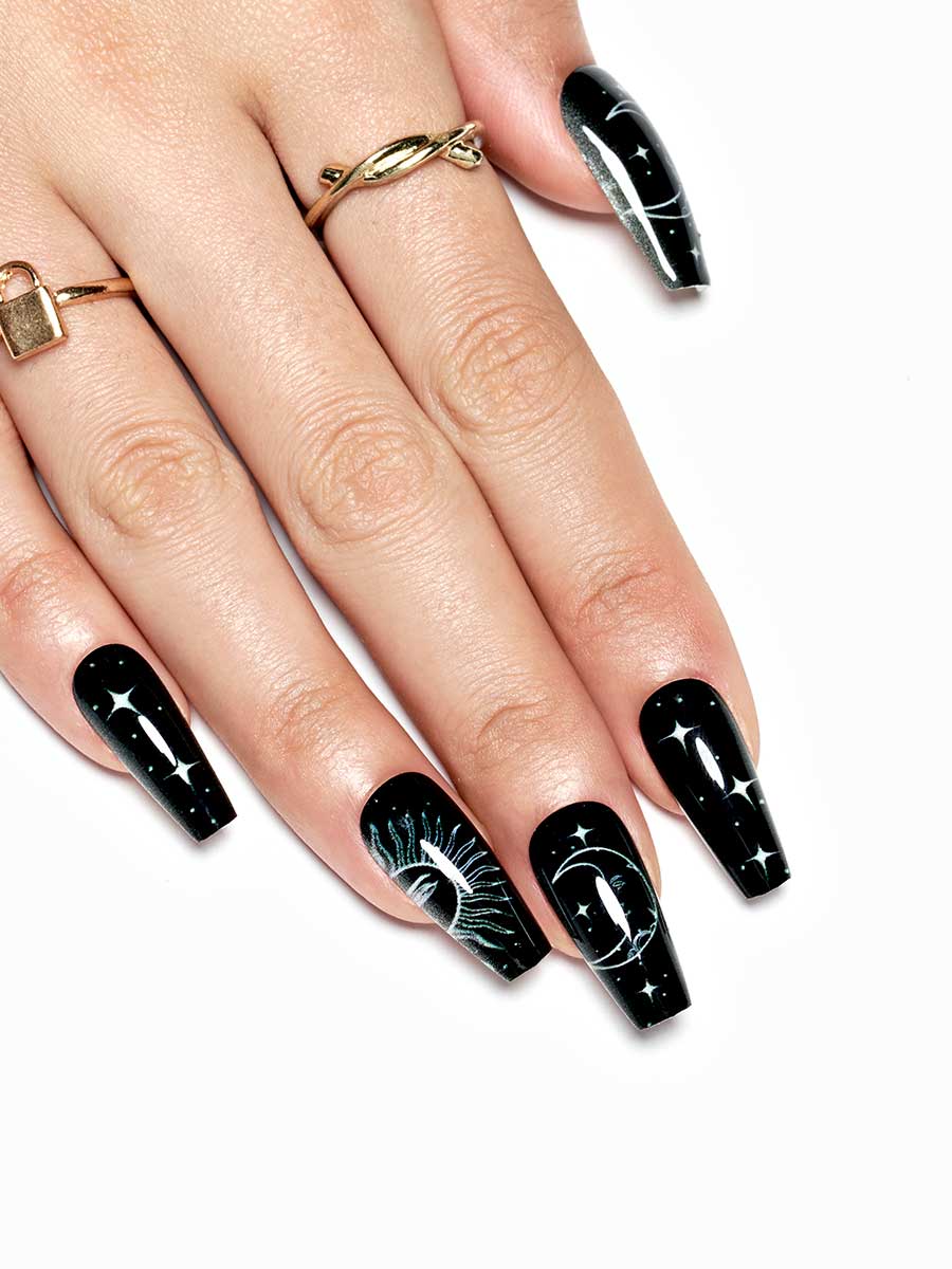 Glossy Black Celestial Coffin Nails
