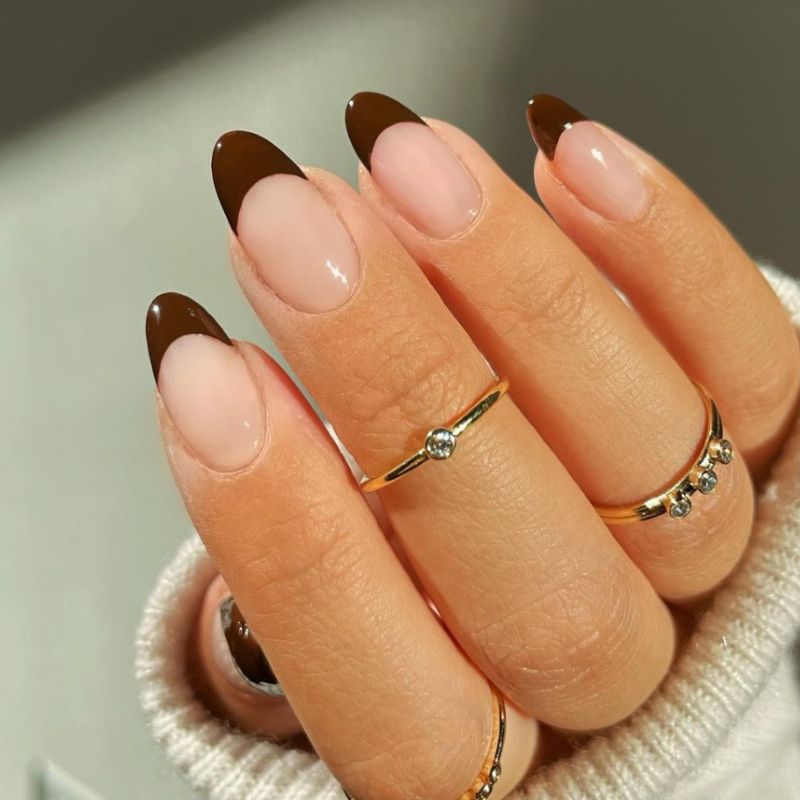 Luxurious Dark Brown Almond French Tips — Brown French Tip Nails