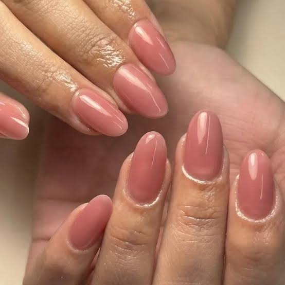 Soft Dusty Rose Glossy Almond Nails — Nails for Women Over 60