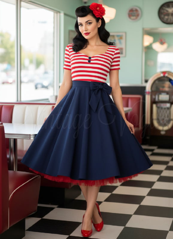 Rockabilly Style: Striped Top and Navy Swing Skirt Rockabilly Style: Striped Top and Navy Swing Skirt — 50s Outfits