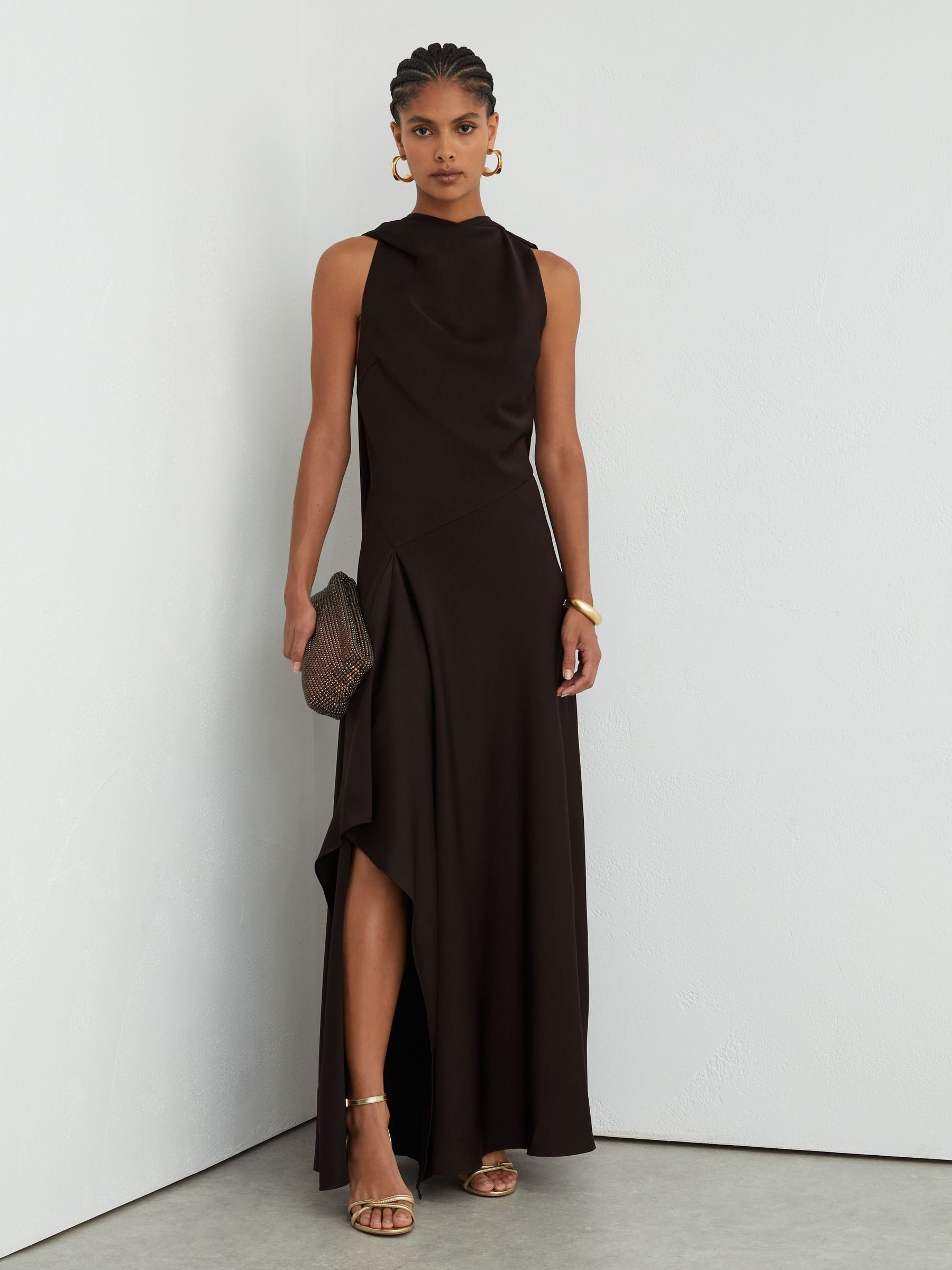 Understated Glamour: Dark Brown Asymmetric Maxi Dress Wedding Guest Outfits