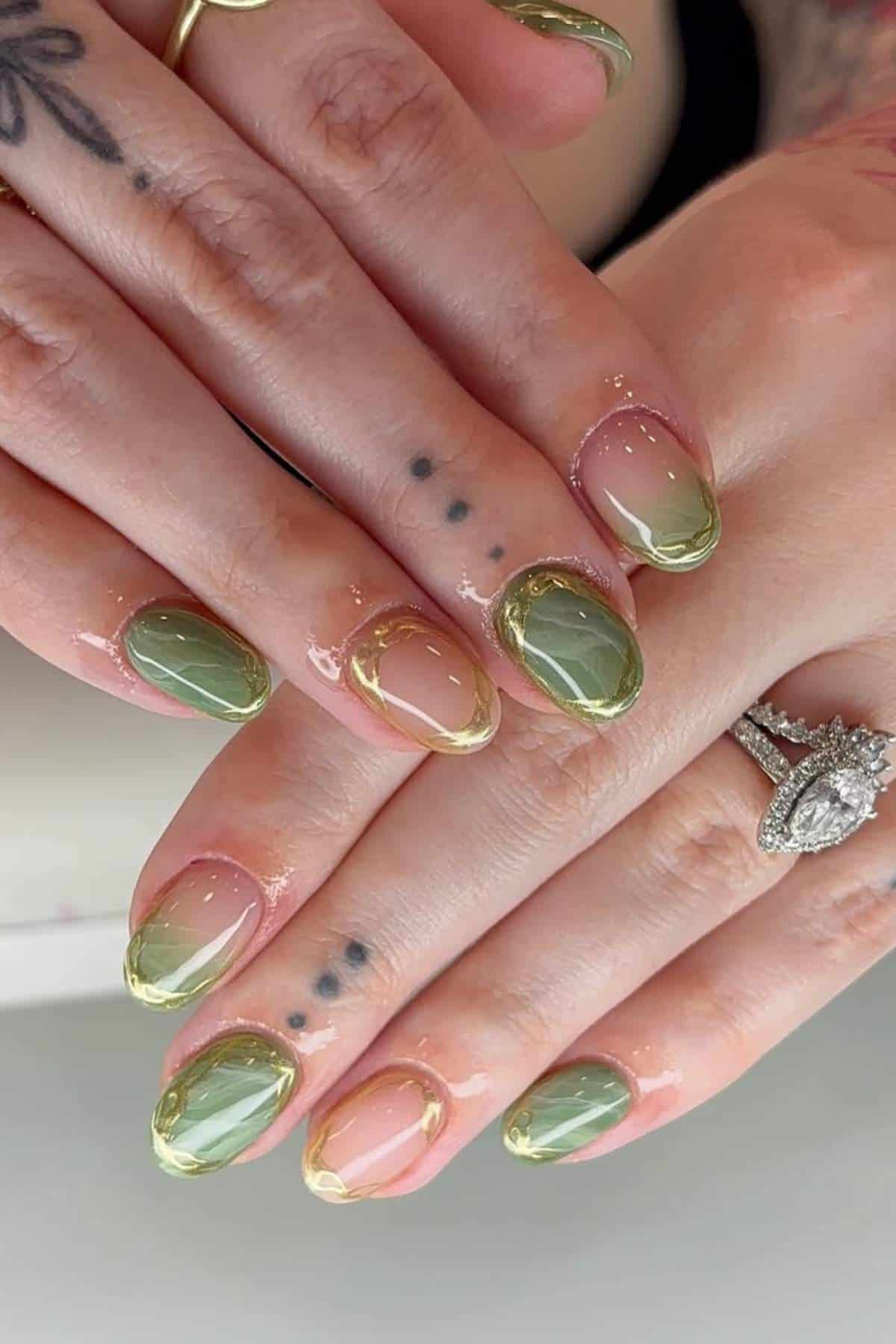 Olive French Tips with Gold Chrome Outline — Olive Green Nails