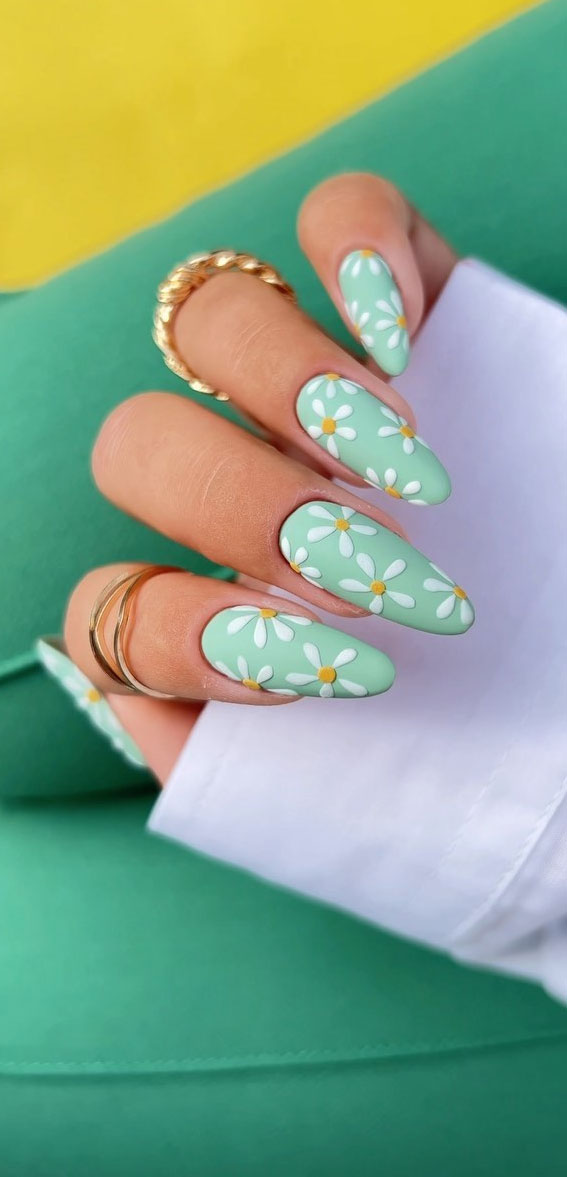 Matte Mint Green Daisy Stiletto Nails Matte Mint Green Daisy Stiletto Nails — Mint Green Nails