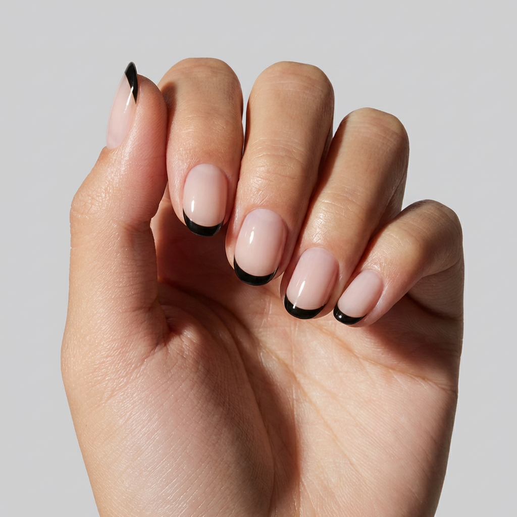 Glossy Clear Base With Black French Tips — Very Short Nails