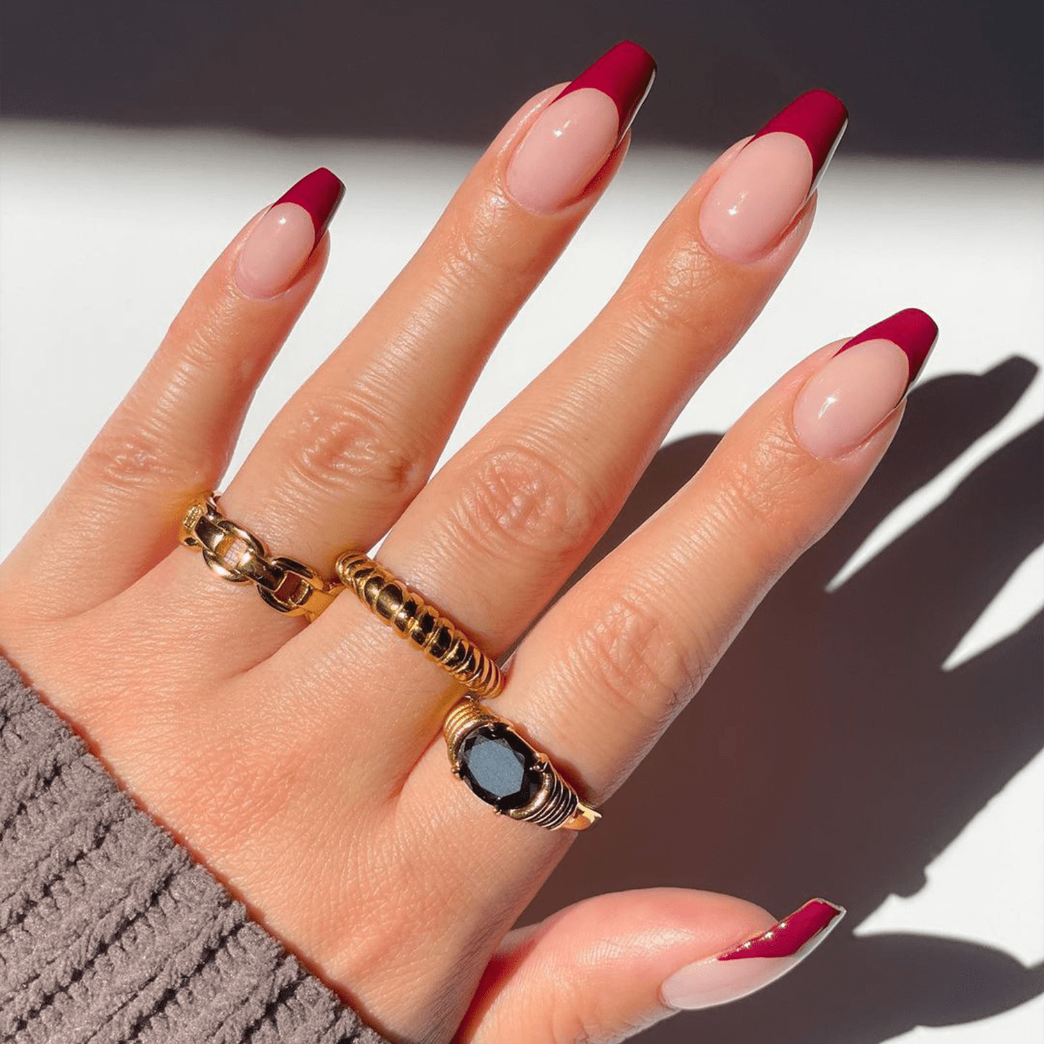 Sheer Pink with Deep Red French Tips — Short Coffin Nails