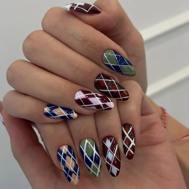 Multi-Color Argyle Long Almonds Multi-Color Argyle Long Almonds — Preppy Nails