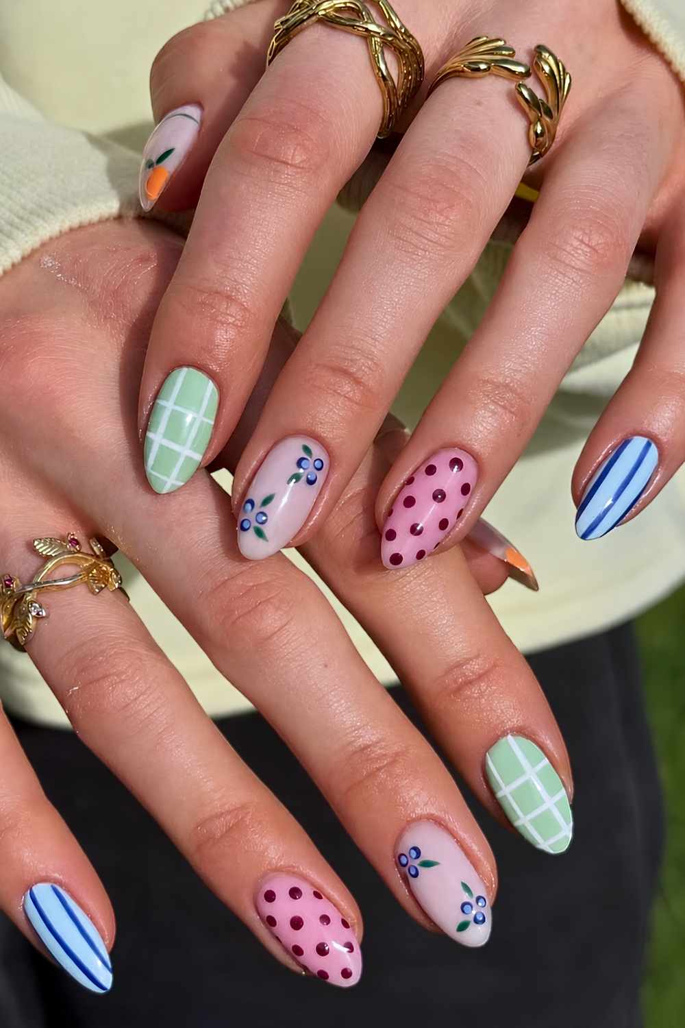 Playful Mixed Art Medium Almond Nails — Nails for Teens